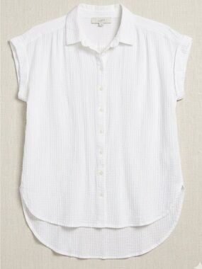 LOFT White Cotton Gauze Button-Front Cap Sleeve Blouse